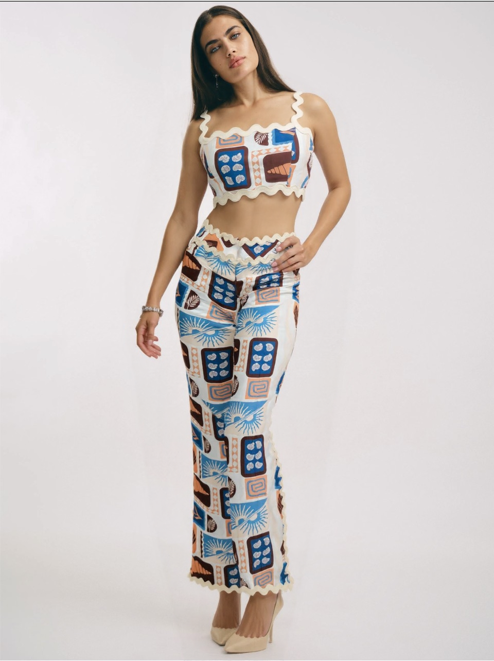 Santorini Waves Co-Ord Set – Printed Crop Top & Wide-Leg Pants