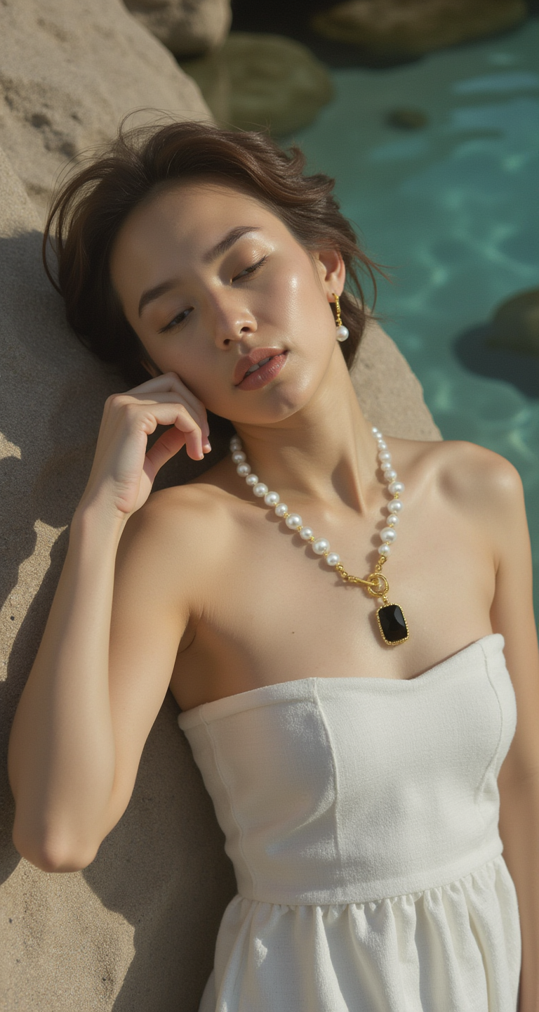 Minimalist pearl necklace with onyx gemstone pendant, sustainable handcrafted jewelry.