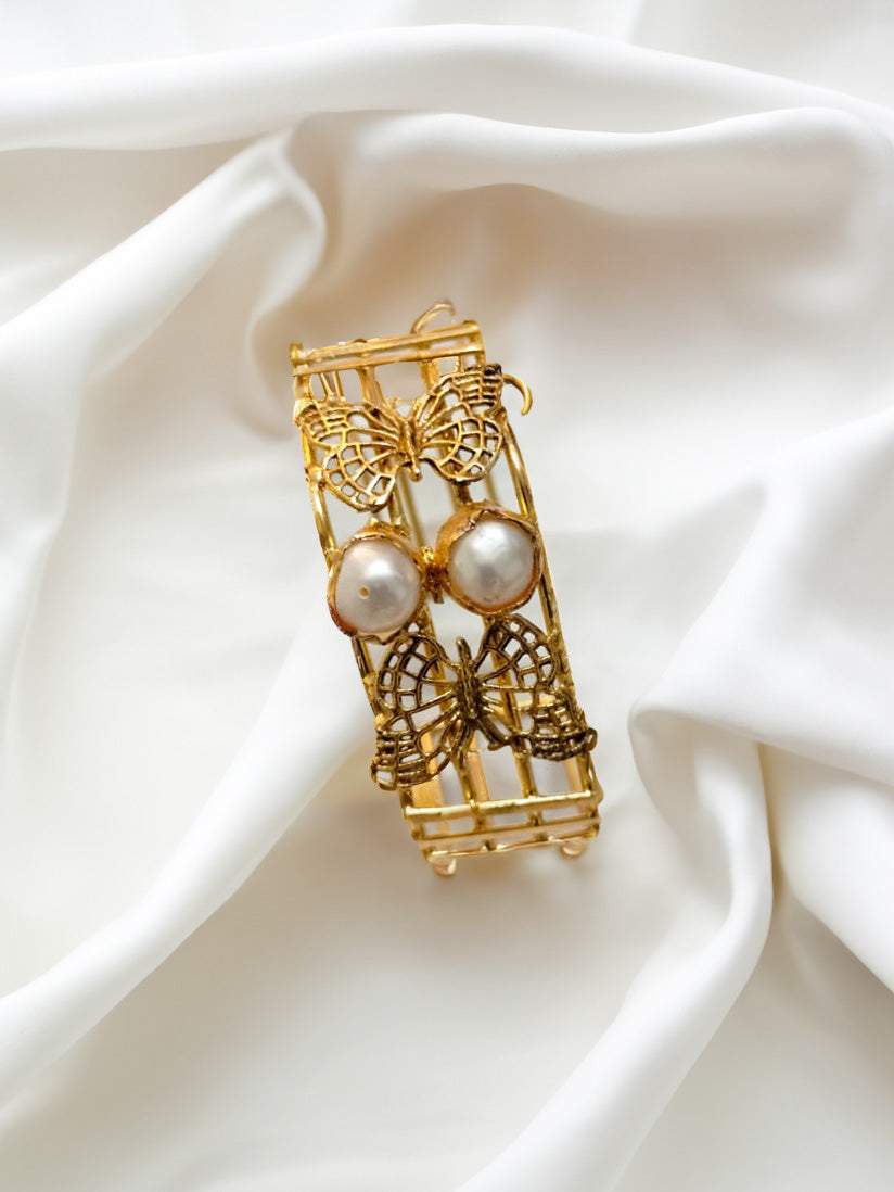 Butterfly Brass Pearl Adjustable Bracelet