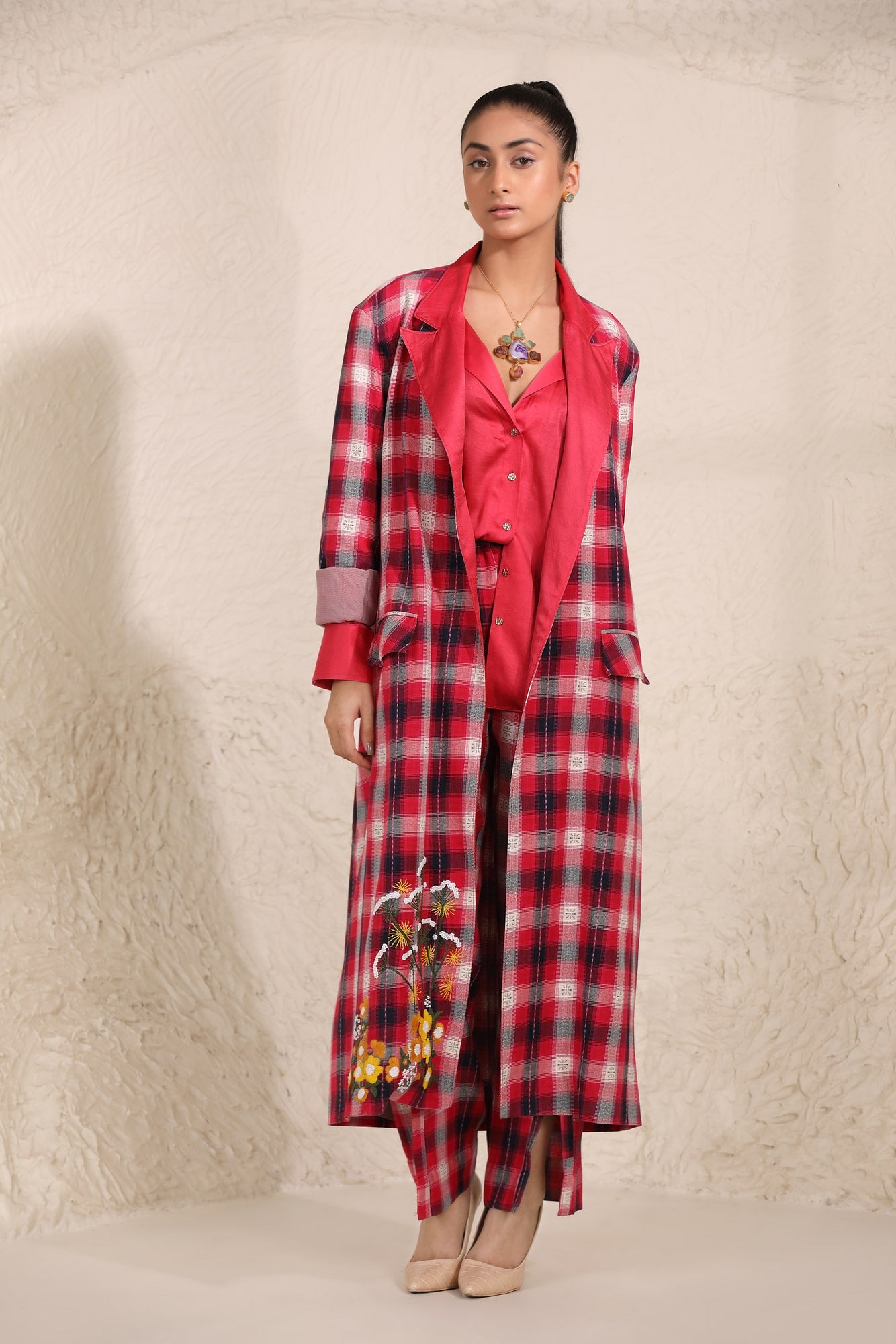 Rosie Embroidered Long Plaid Jacket