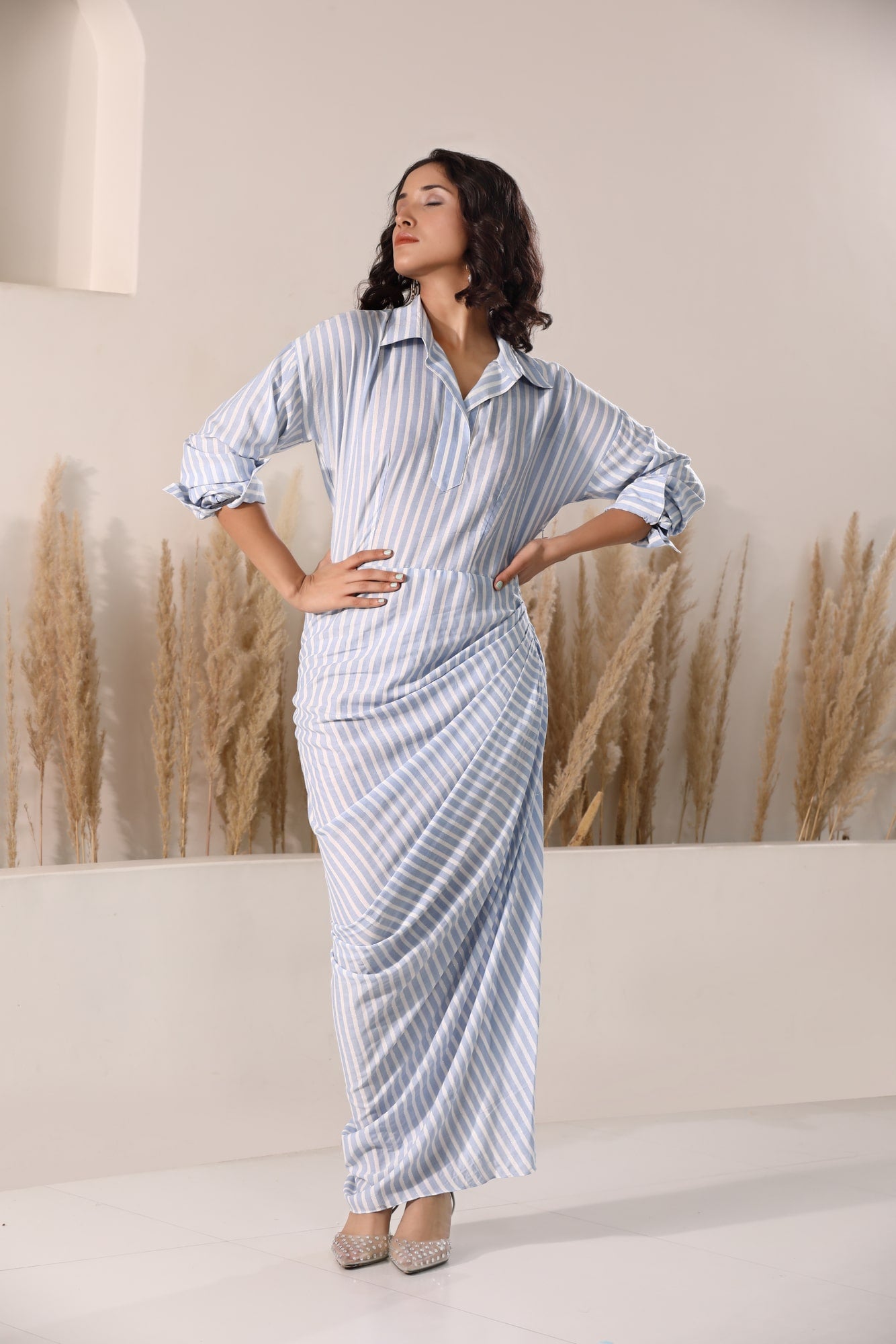 designer draped dresses Gold Textured Cap-Sleeve Gown with Square Neckline 40295
