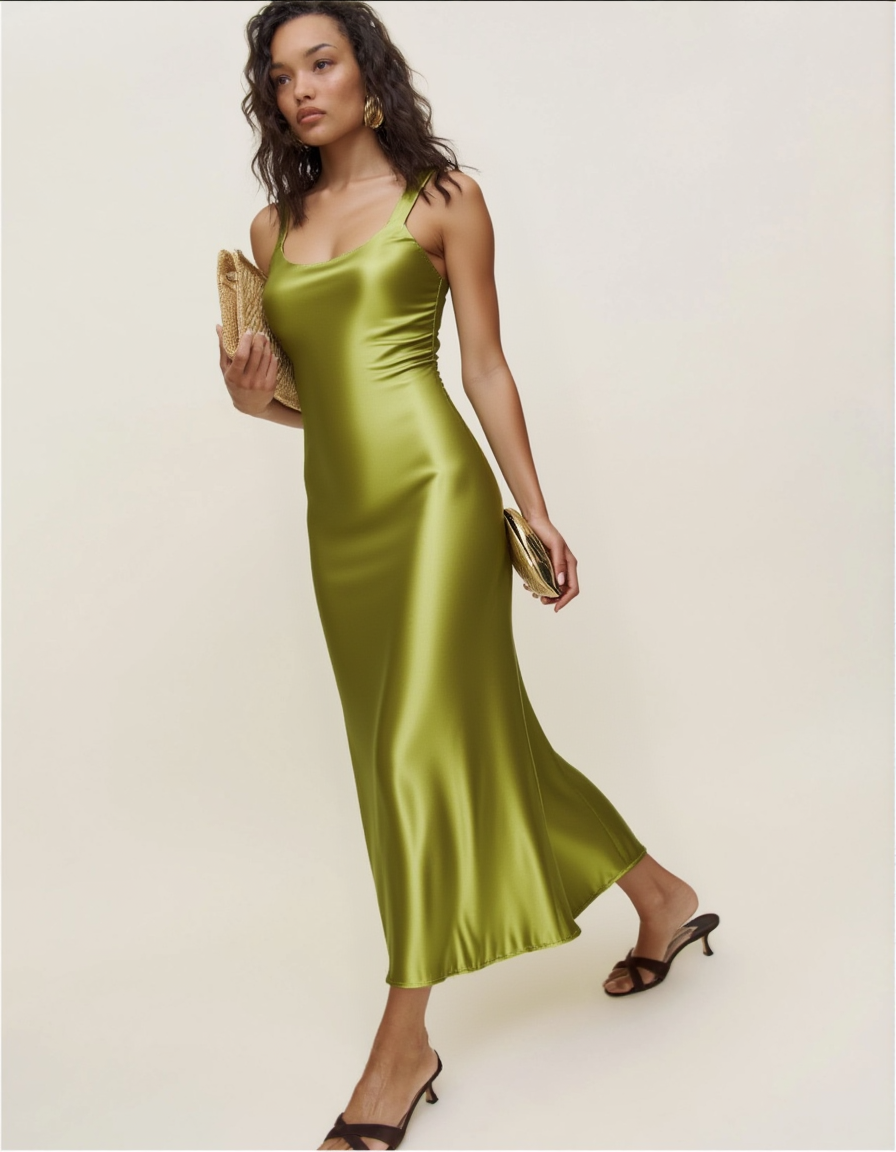 Matcha Satin Silk Slip Dress Luxe Midi Silhouette Matcha Satin Silk Slip Dress Luxe Midi Silhouette