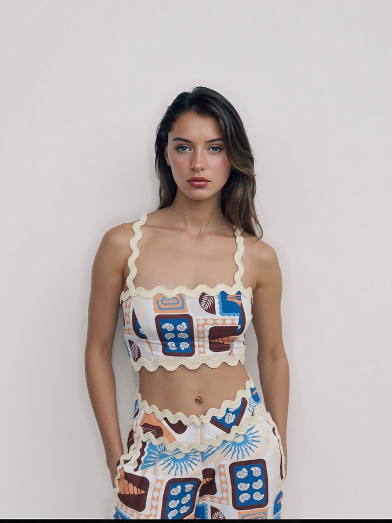 Santorini Waves Co-Ord Set – Printed Crop Top & Wide-Leg Pants