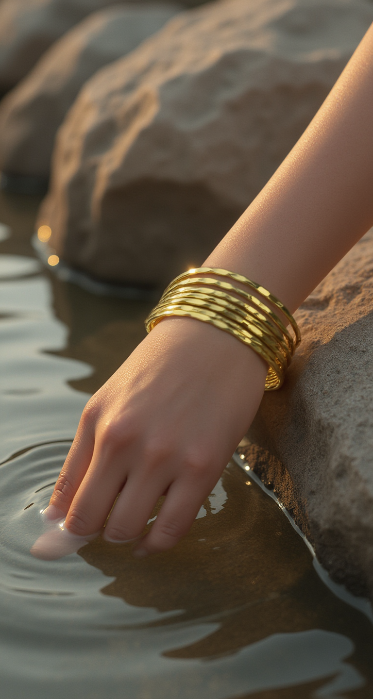 Handcrafted hammered gold cuff bracelet with multiple bands, sculptural jewelry by Kalagaia.