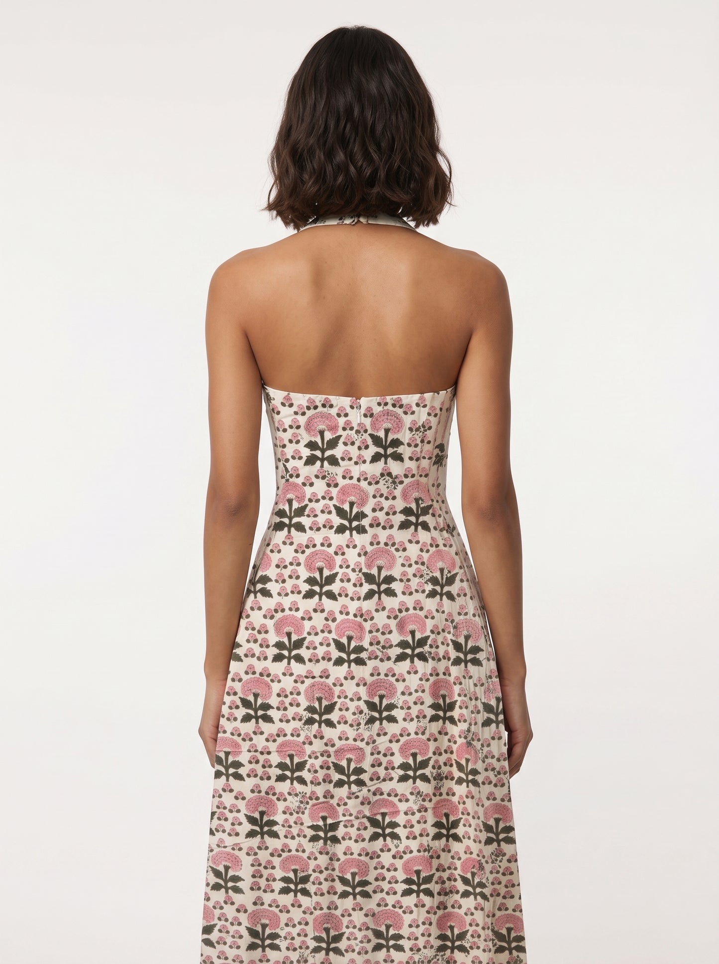 Pink Floral Halter Neck Midi Dress