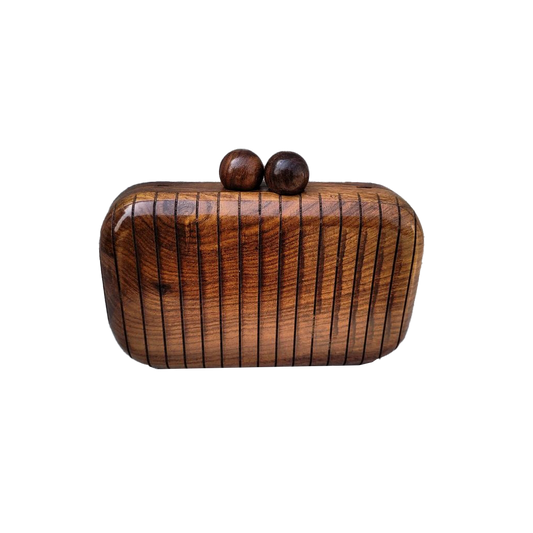 Brown Wood Box Clutch With Rounded Edges Handbag