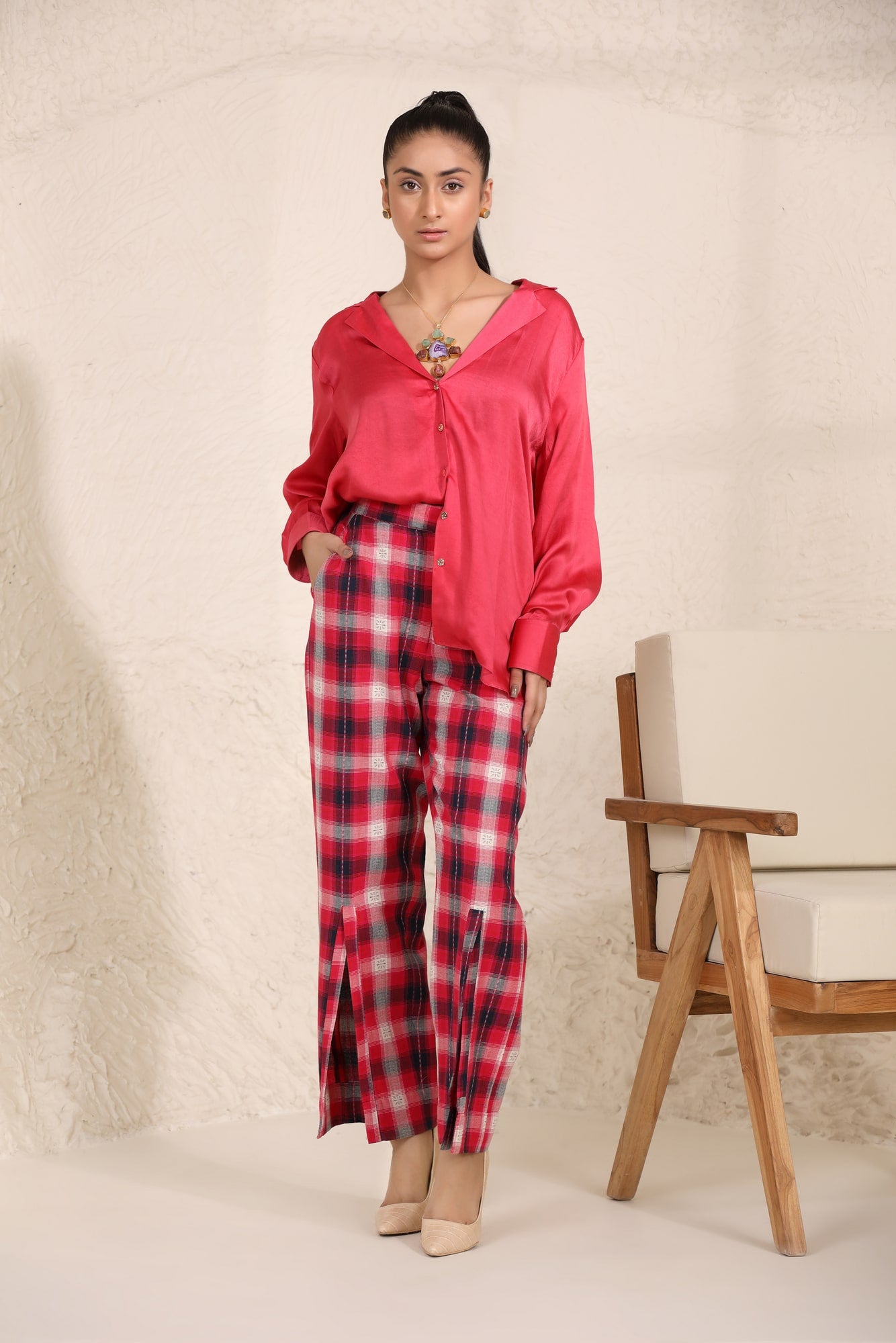 Buy Front Slit Plaid Pants