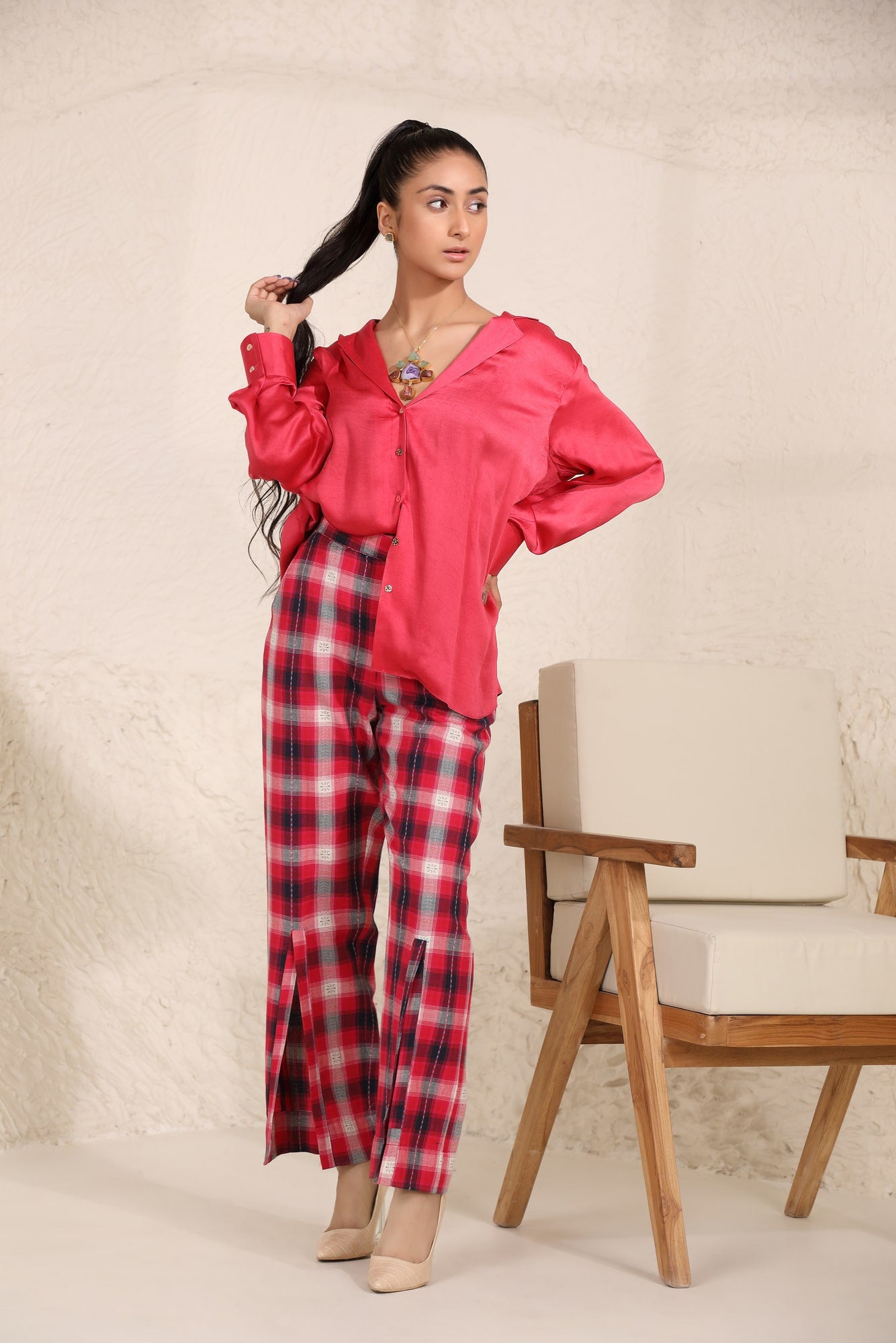 Buy Front Slit Plaid Pants