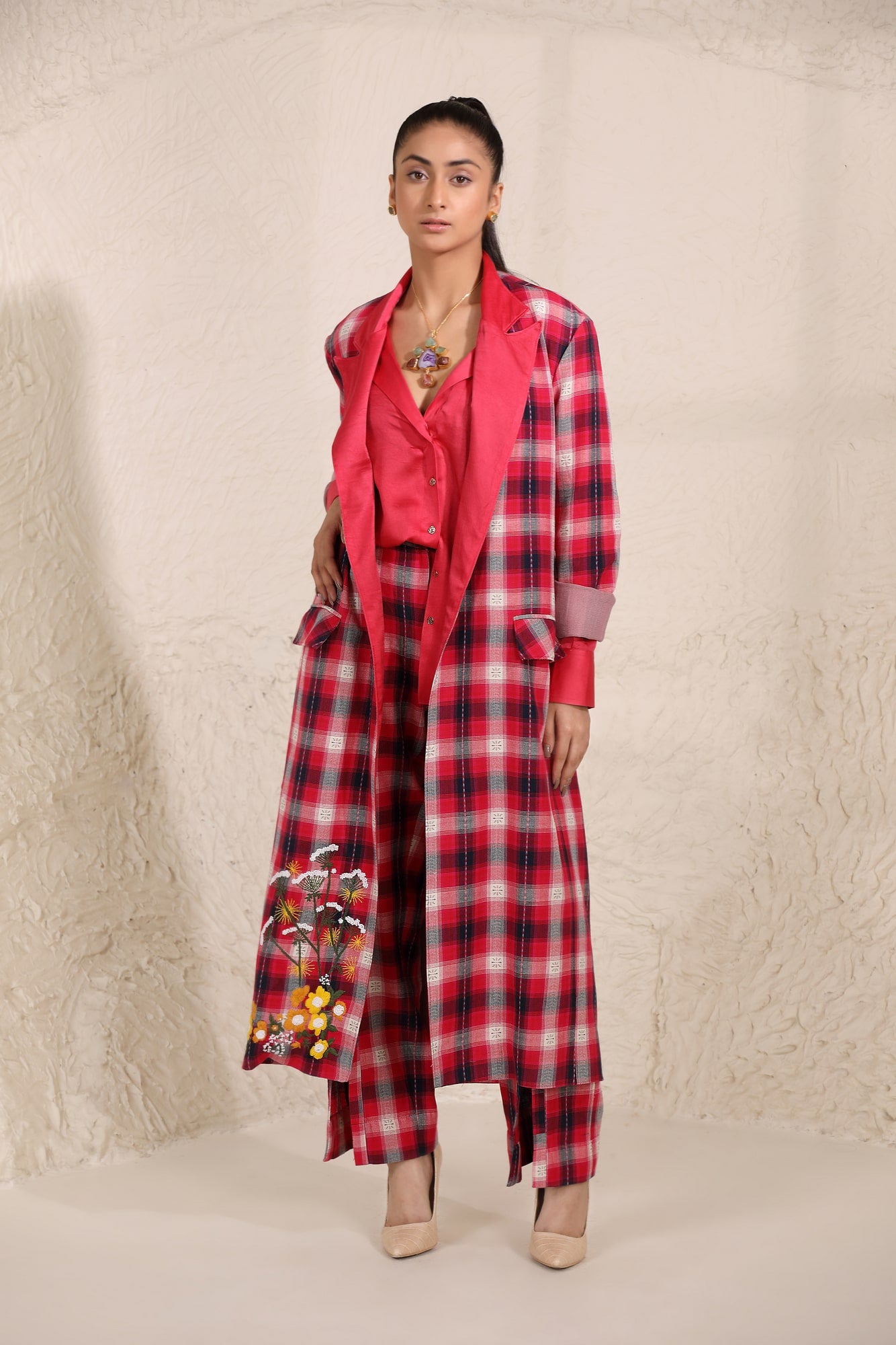 Rosie Embroidered Long Plaid Jacket