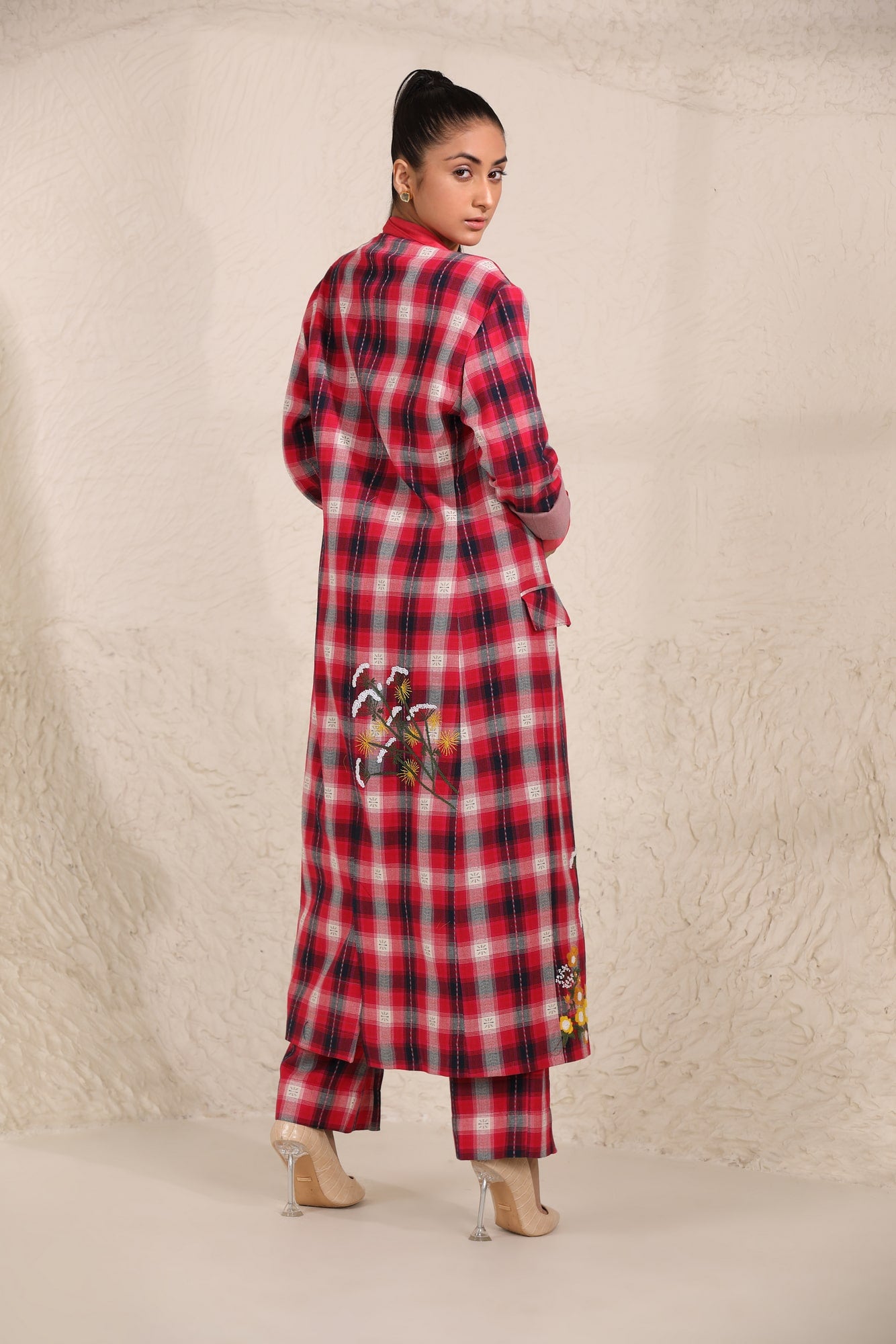 Rosie Embroidered Long Plaid Jacket