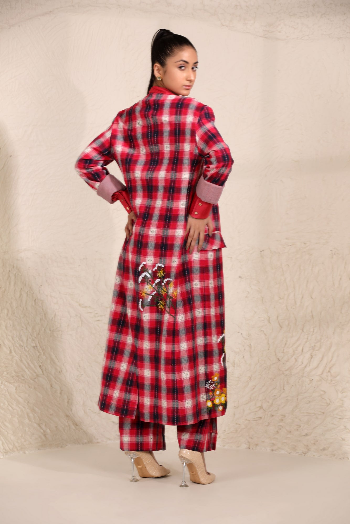 Rosie Embroidered Long Plaid Jacket