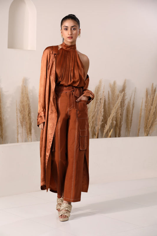 Belted Silk Satin Double-Breasted Trench Coat