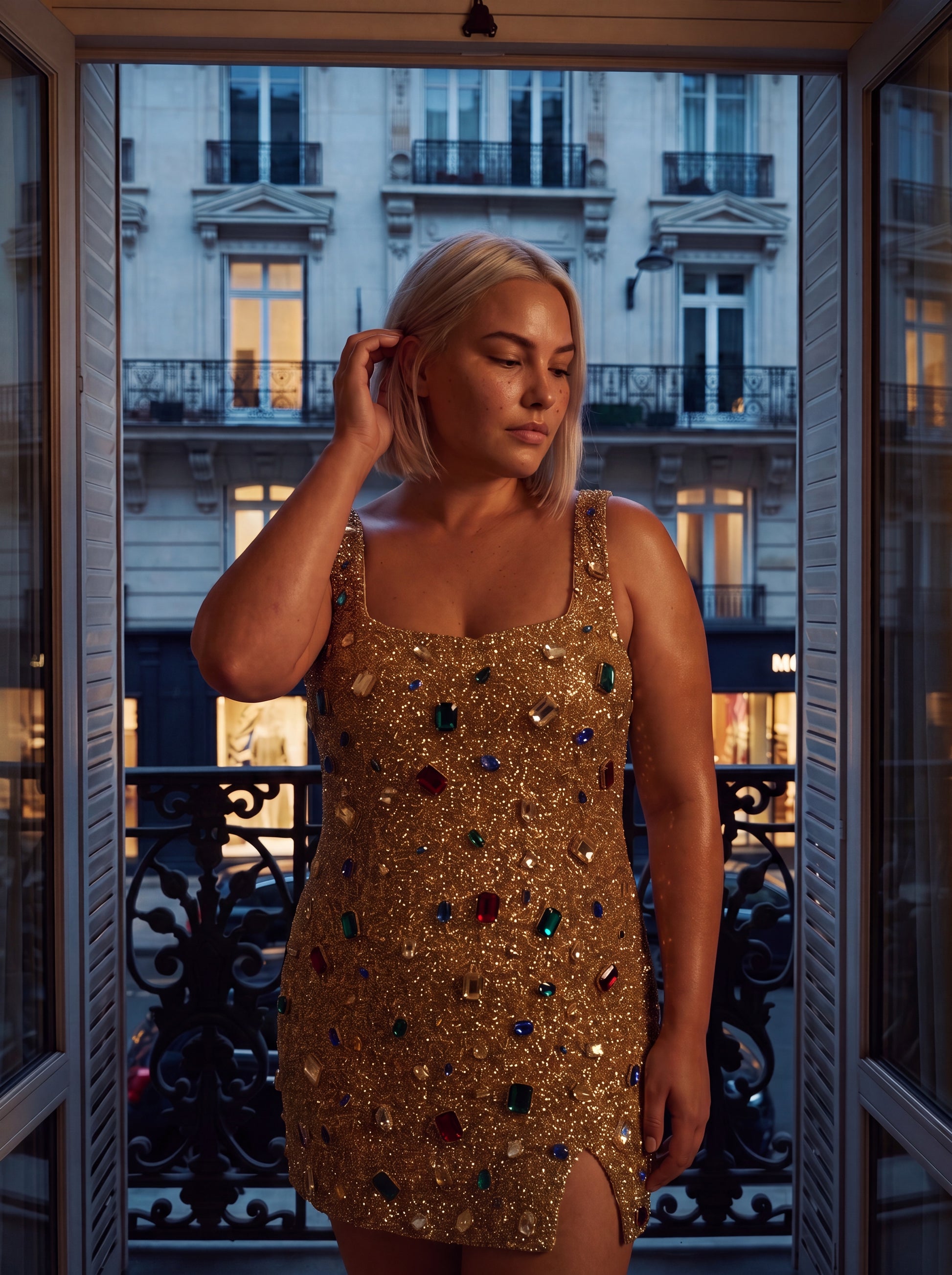 A woman with short blonde hair stands in a doorway wearing a sleeveless gold sequined mini dress embellished with colorful rhinestones. The background shows a Parisian-style building at dusk through open doors.