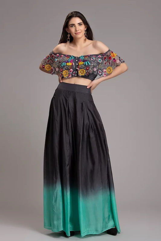 Òmbre Embroidered Off-shoulder Top With Silk Skirt