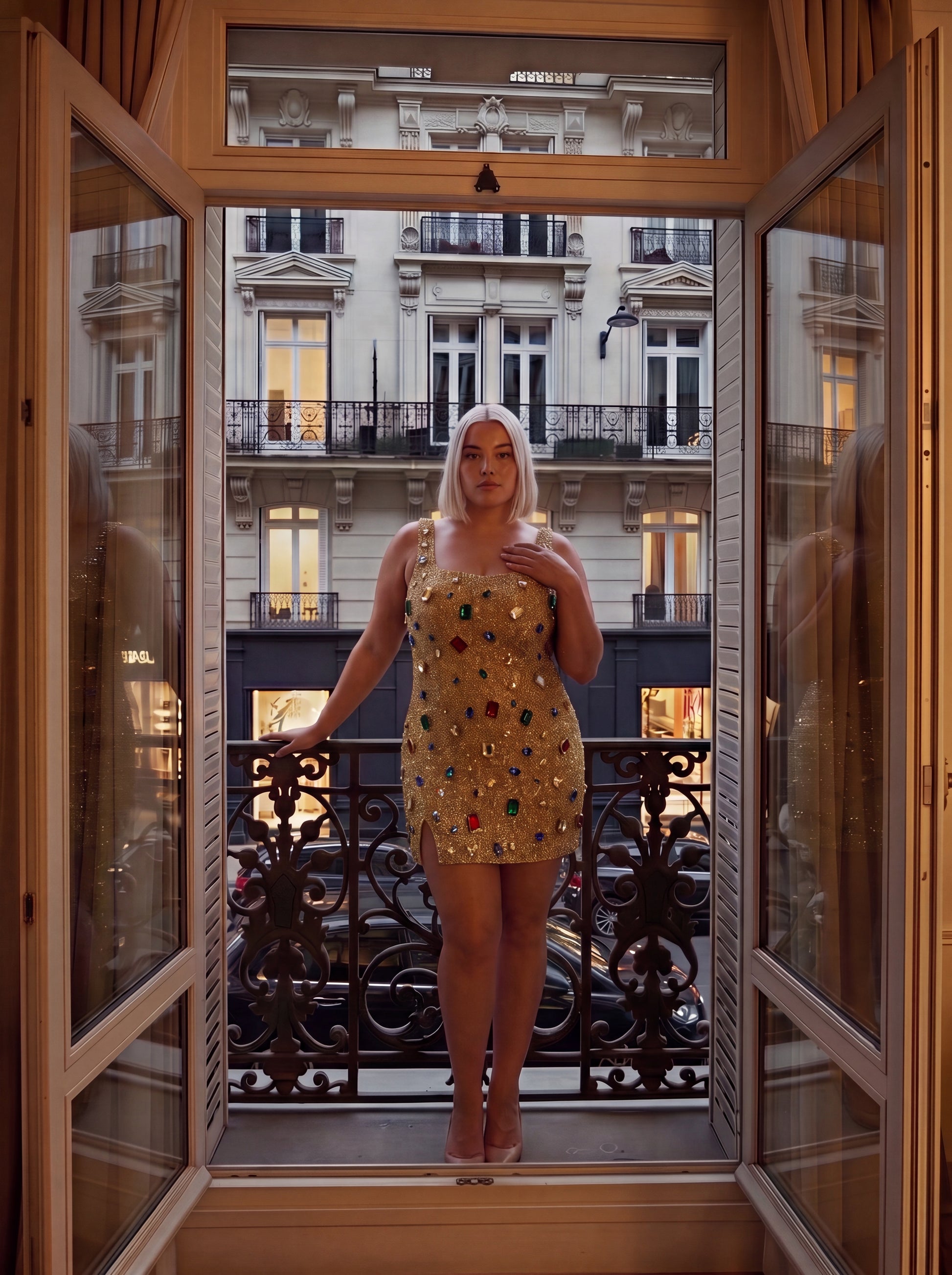 A woman stands on a balcony wearing a short, embellished gold mini dress with colorful sequins, framed by open wooden doors looking out onto an urban street scene.