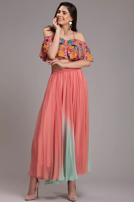 Pink Embroidered Off-shoulder Top with Òmbre Skirt