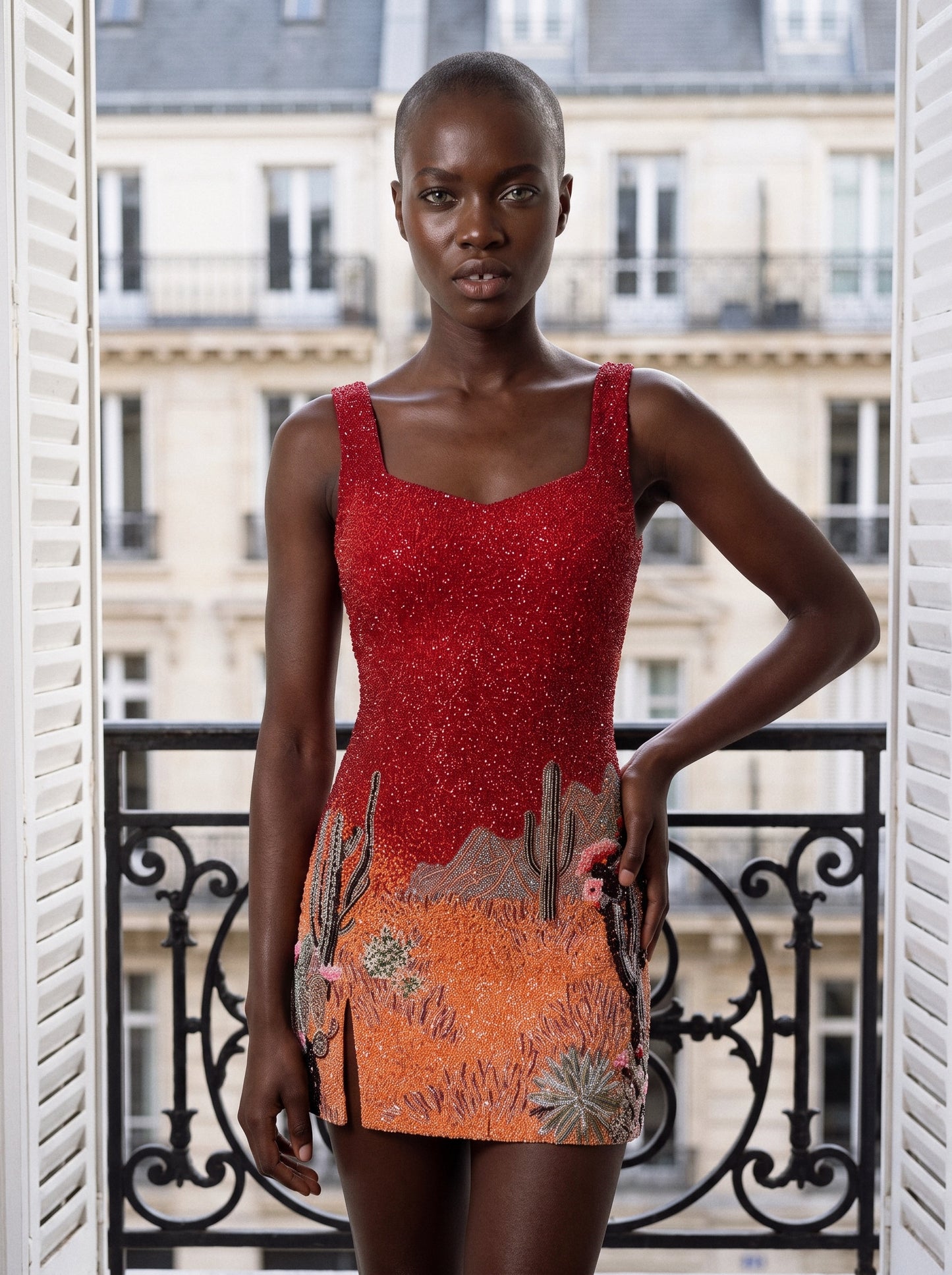 A model stands on a balcony wearing a sleeveless red mini dress with a textured red upper bodice and an orange desert landscape print on the skirt.