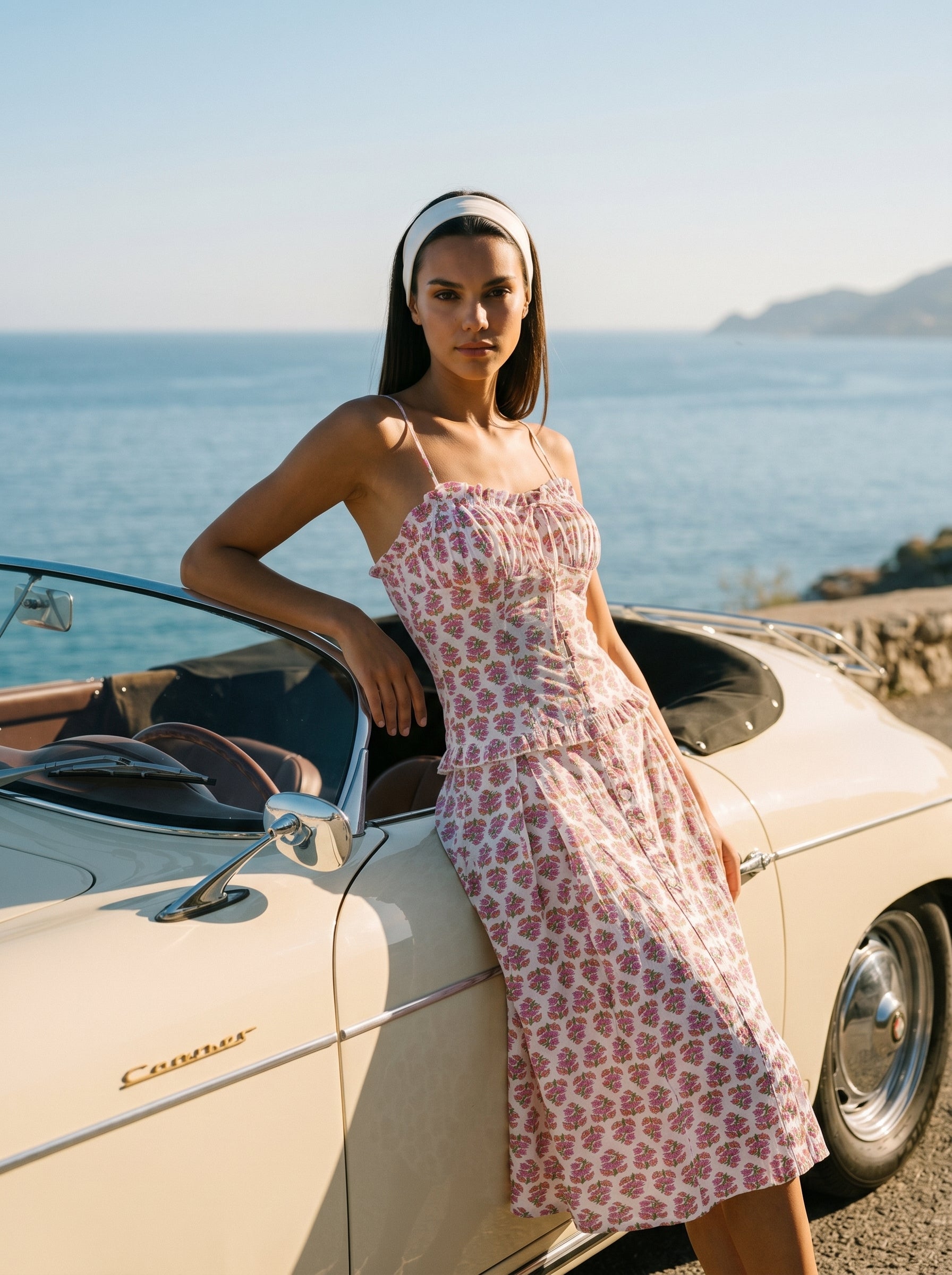 Luxury cotton vacation co-ord set styled with vintage-inspired elegance.