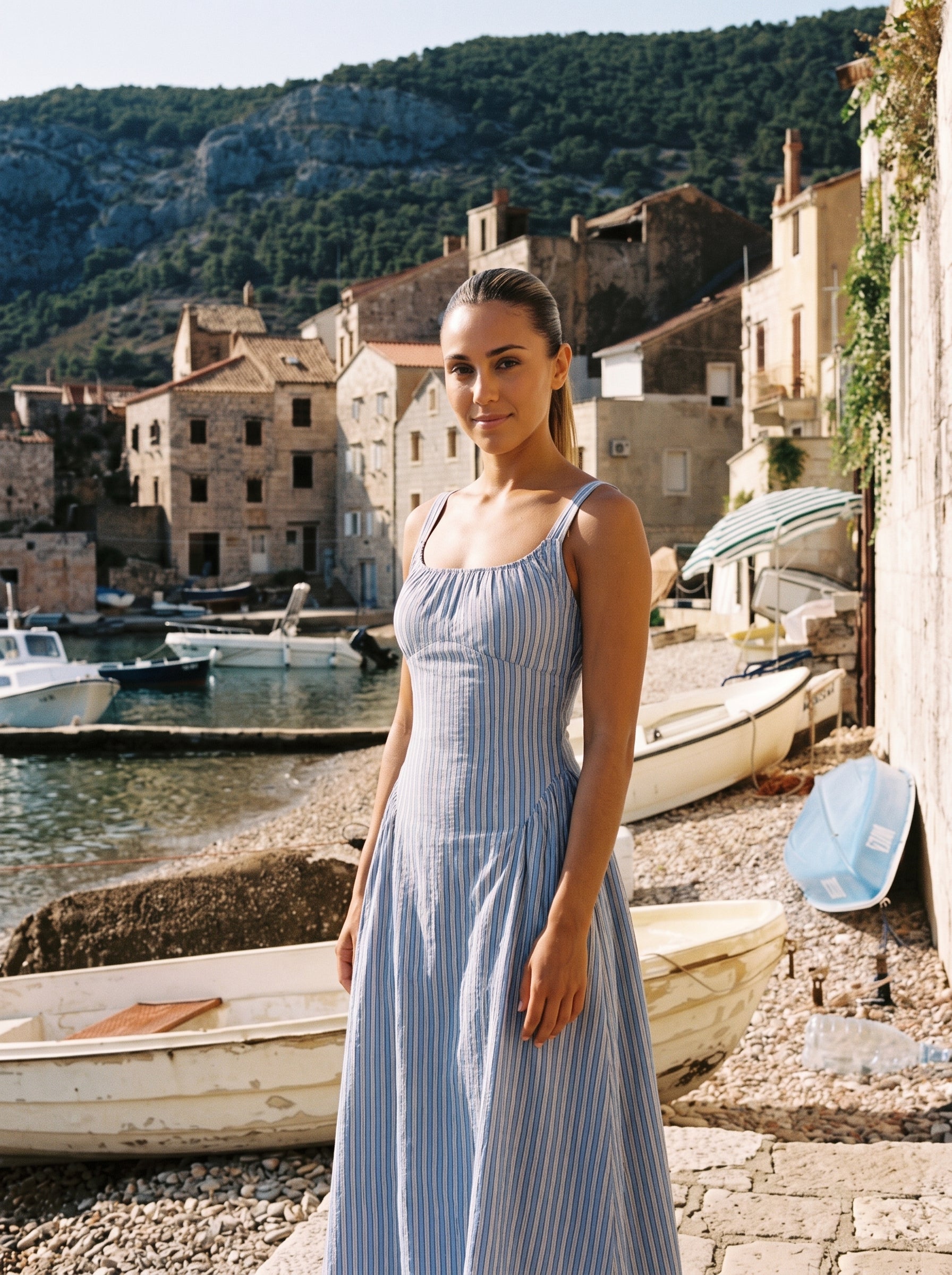 A woman wearing a light blue and white vertically striped maxi dress stands on a stone pier in front of a coastal village with boats and mountains in the background.