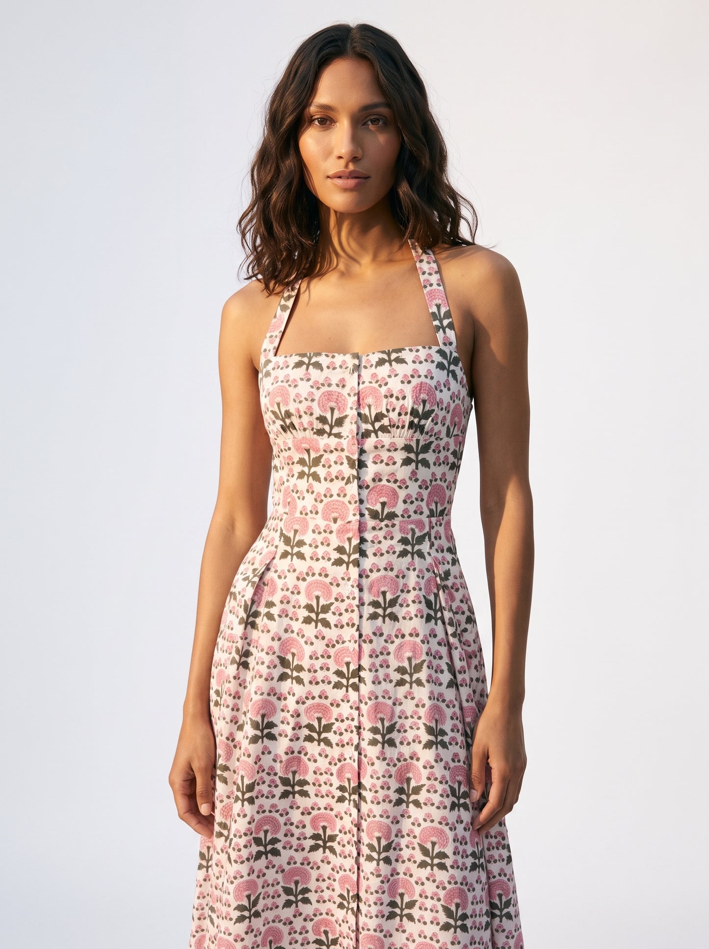 Pink Floral Halter Neck Midi Dress