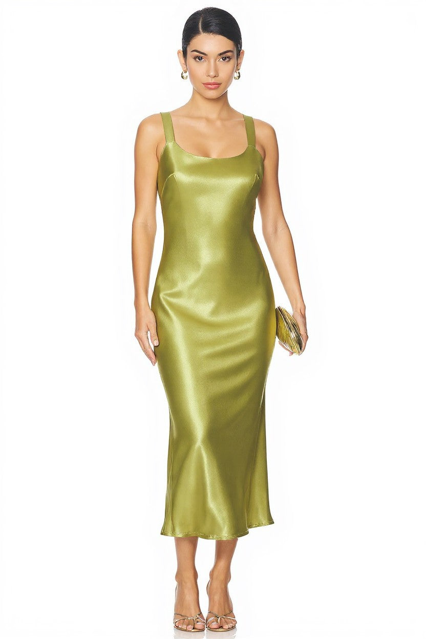 Matcha Satin Silk Slip Dress Luxe Midi Silhouette Matcha Satin Silk Slip Dress Luxe Midi Silhouette