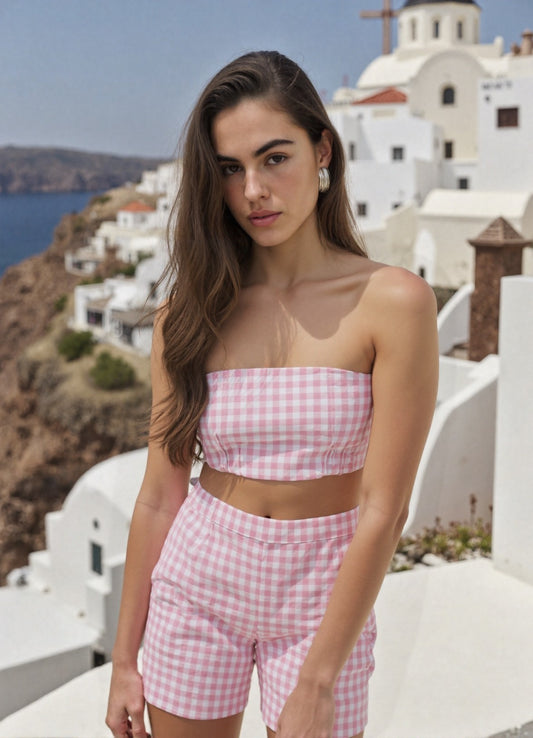 pink gingham linen high-waisted shorts handmade by Kalagaia, summer essential, Toronto designer