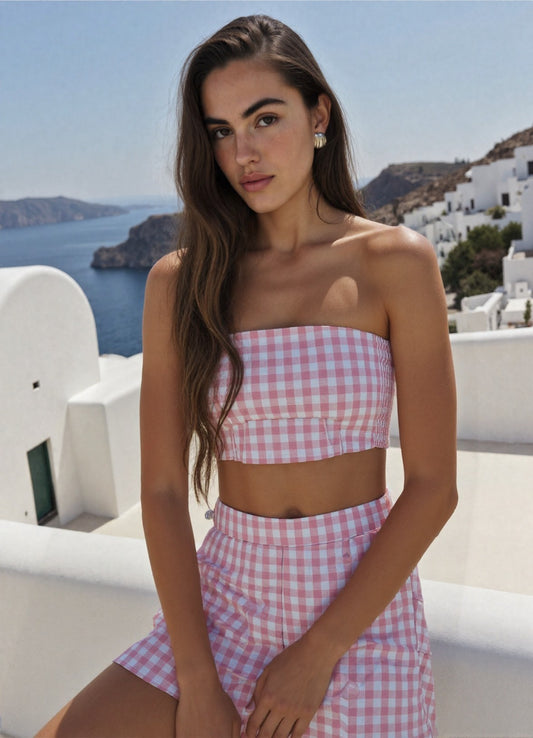 pink gingham linen strapless crop top handmade by Kalagaia, summer essential, Toronto designer