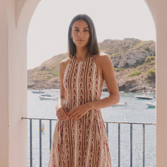 Printed cotton halter maxi dress for women in ivory and sienna