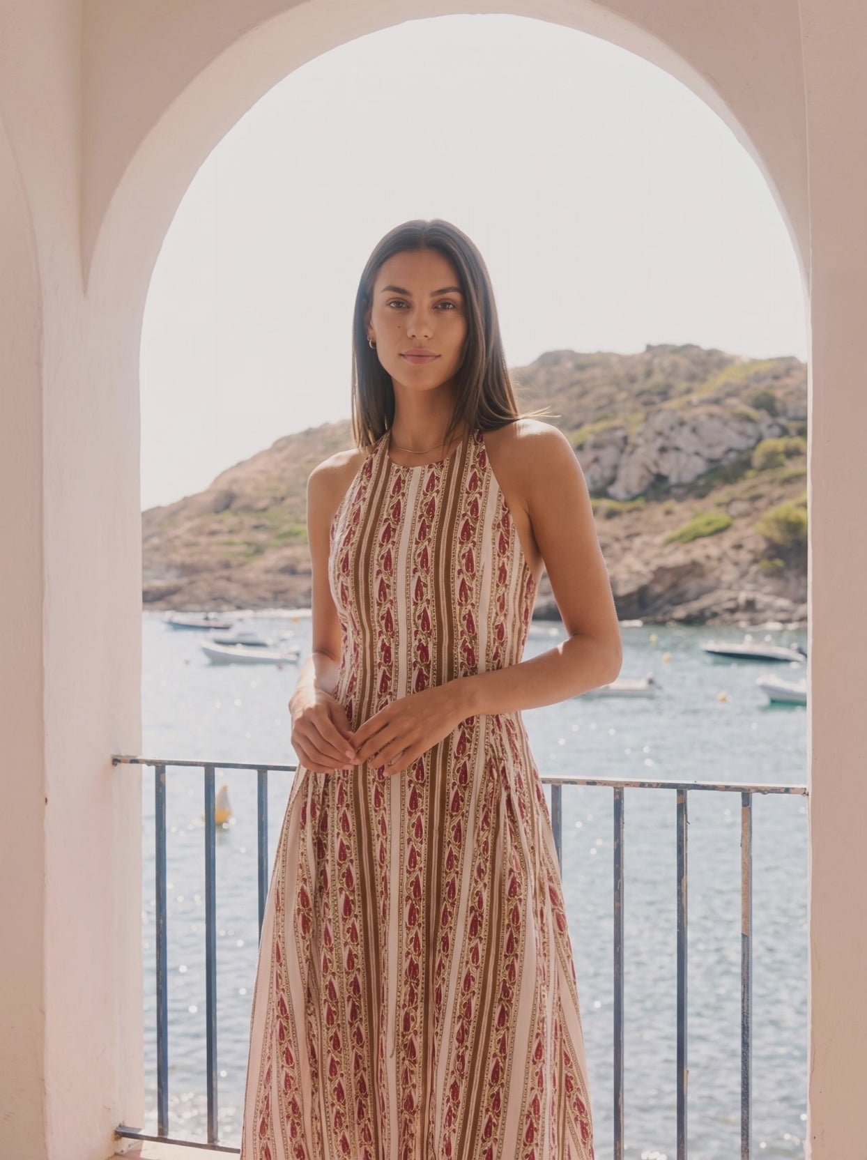 Printed cotton halter maxi dress for women in ivory and sienna