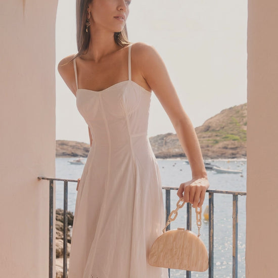 White embroidered cotton midi dress for women with floral eyelet hem
