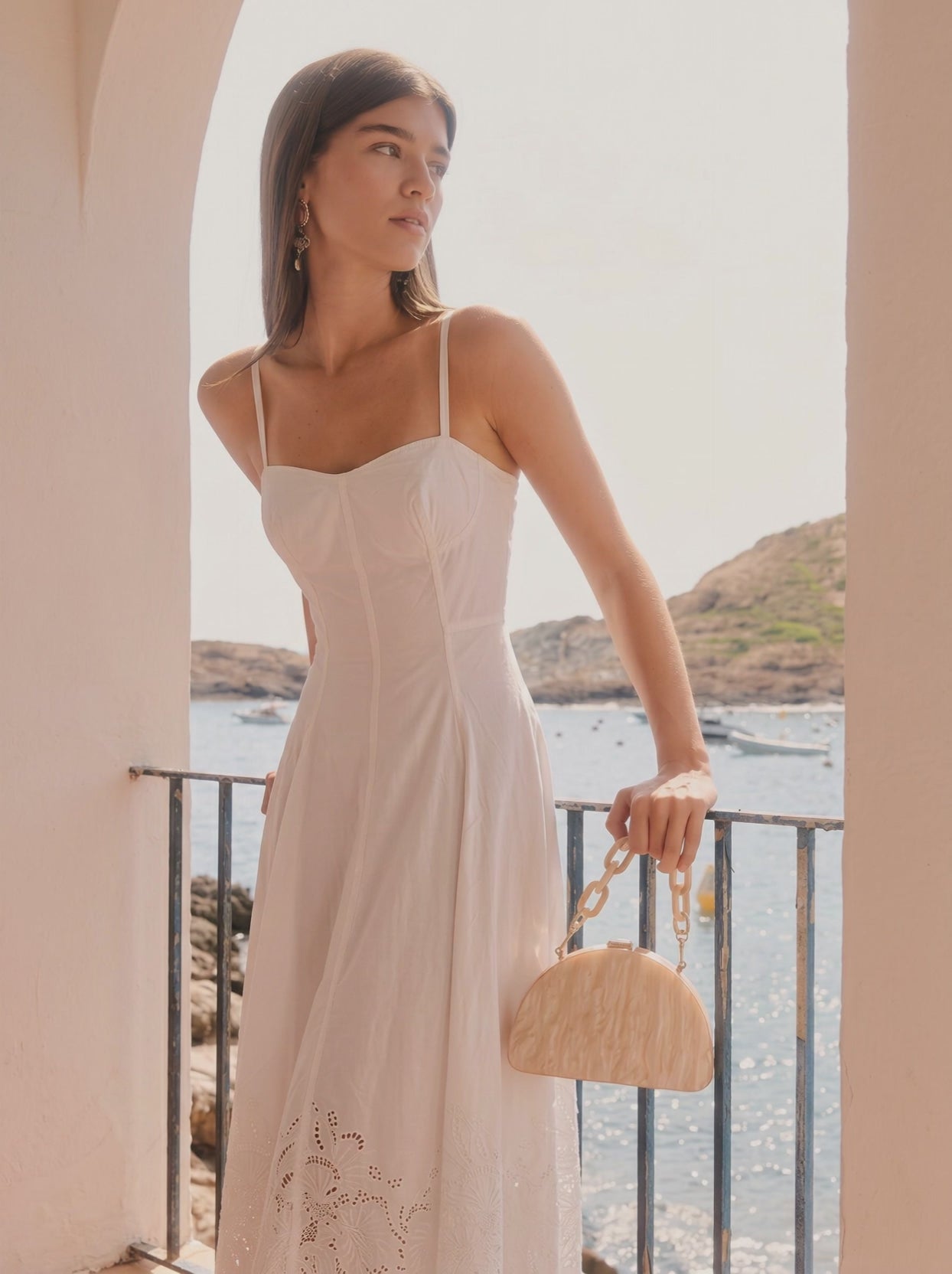 White embroidered cotton midi dress for women with floral eyelet hem
